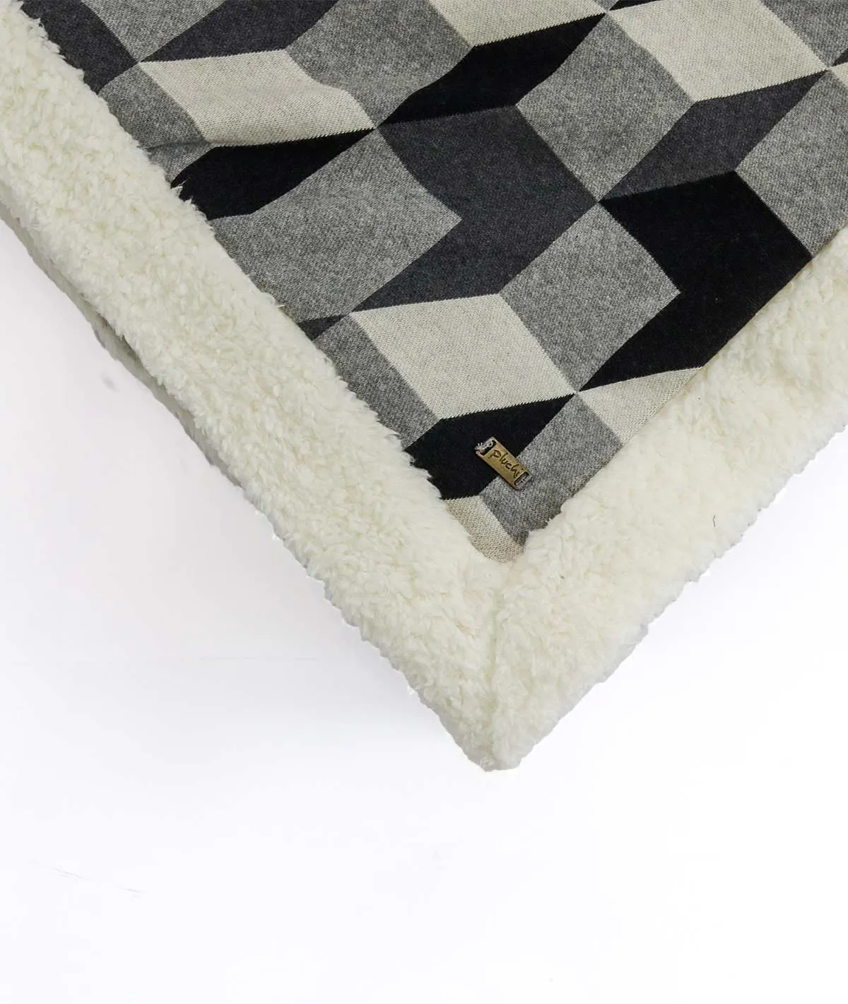 3D Block Double Bed Front Cotton Knitted with Sherpa Back Blanket with Ivory ,Dark Grey, Light. Grey & Black