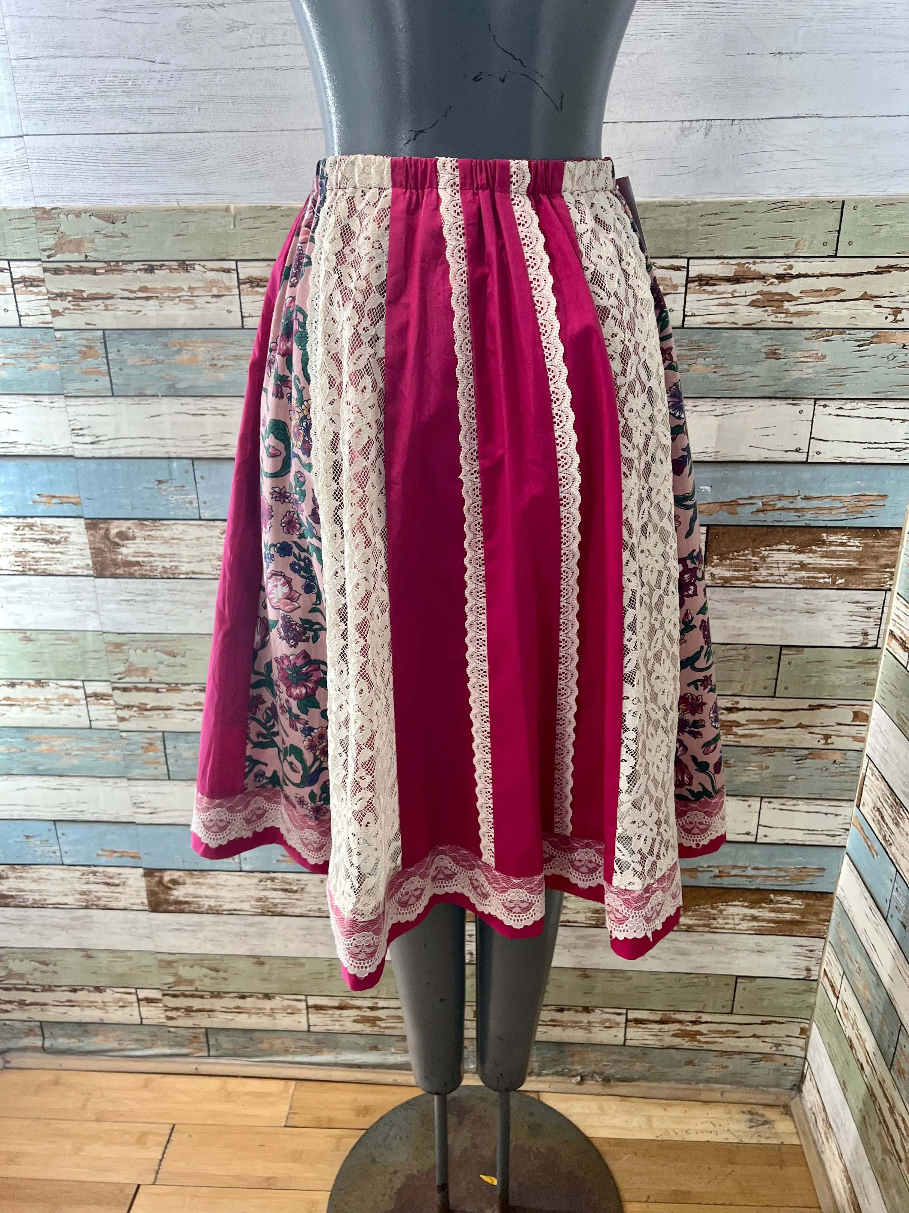 70’s Hot Pink & Multicolor Lace & Flowers Panels Straps Pleasant Skirt