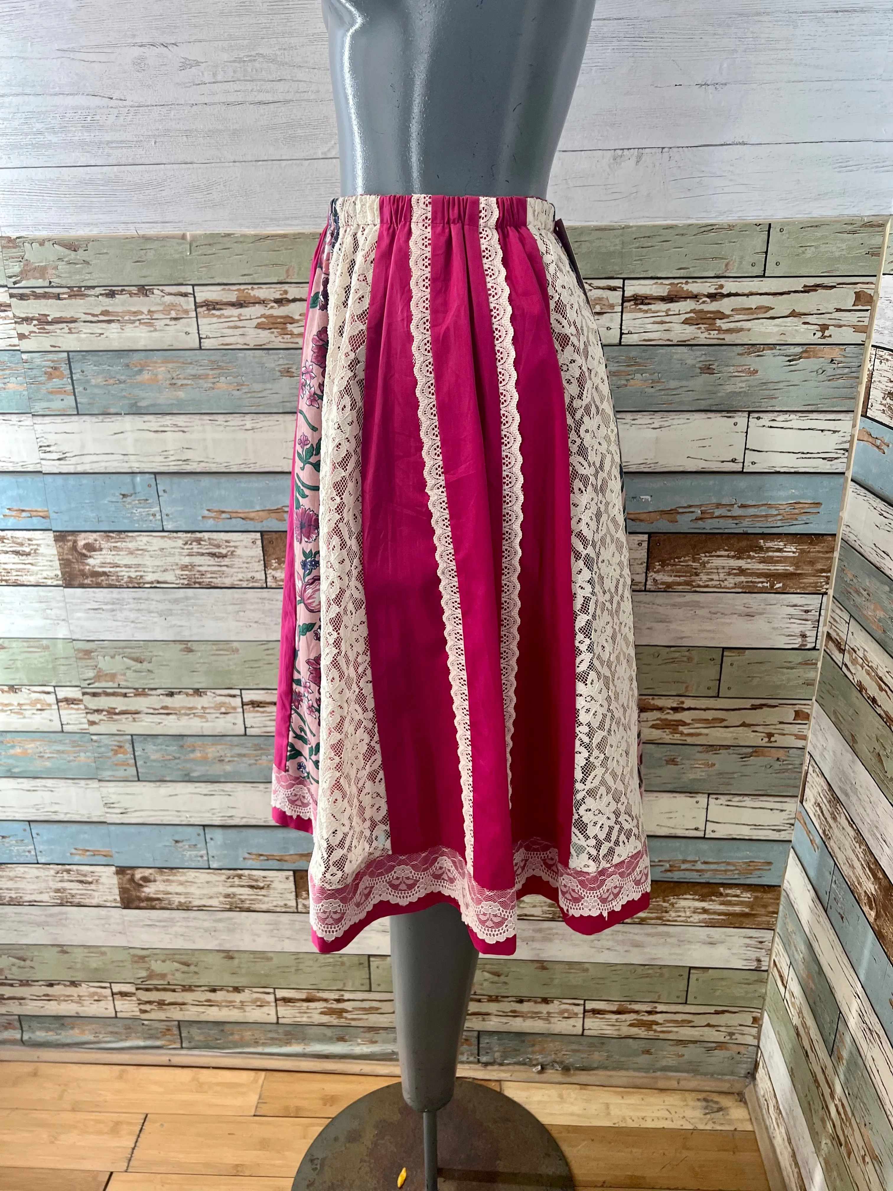 70’s Hot Pink & Multicolor Lace & Flowers Panels Straps Pleasant Skirt