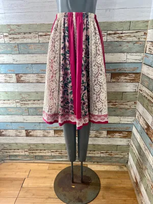 70’s Hot Pink & Multicolor Lace & Flowers Panels Straps Pleasant Skirt