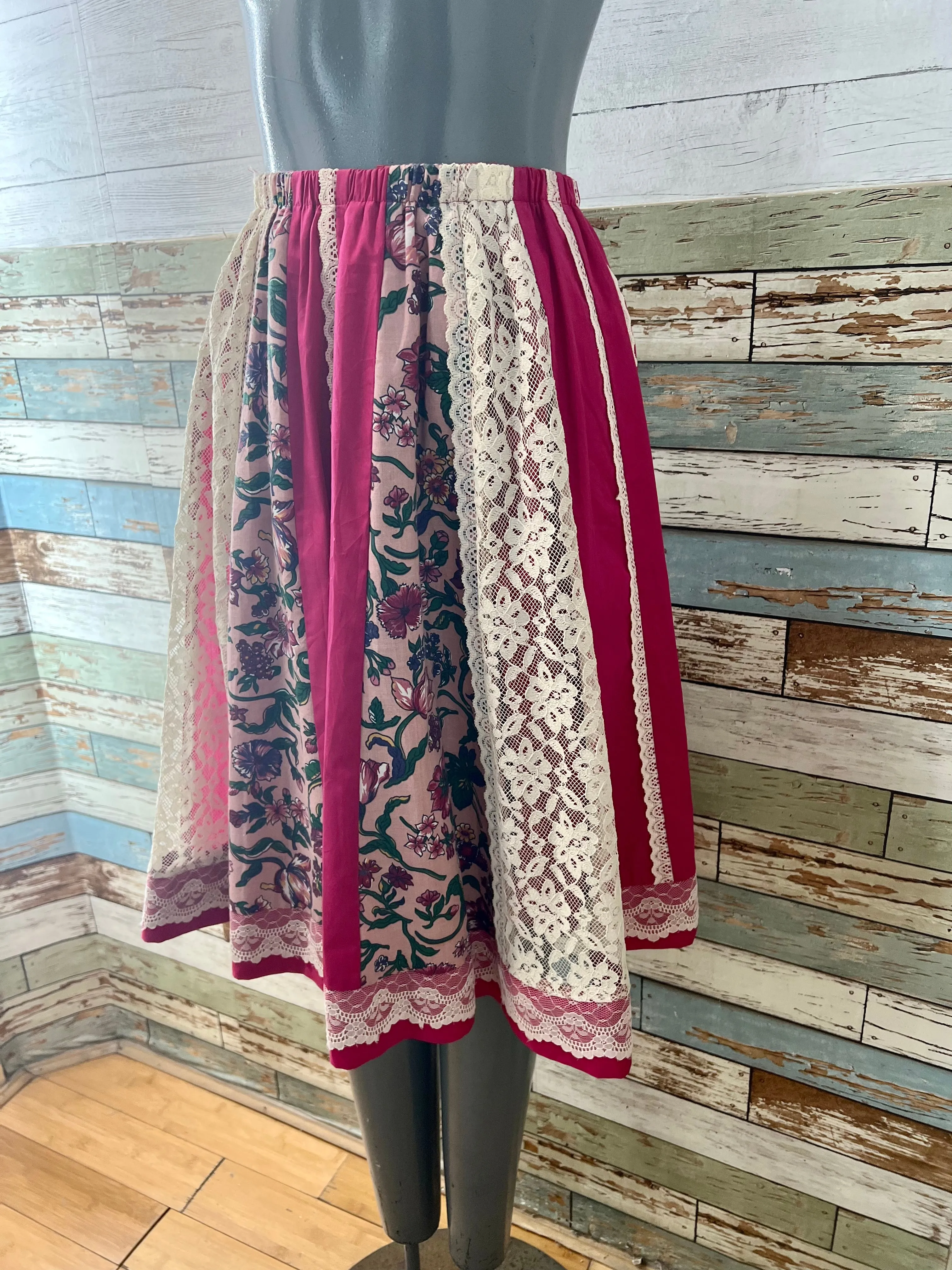 70’s Hot Pink & Multicolor Lace & Flowers Panels Straps Pleasant Skirt