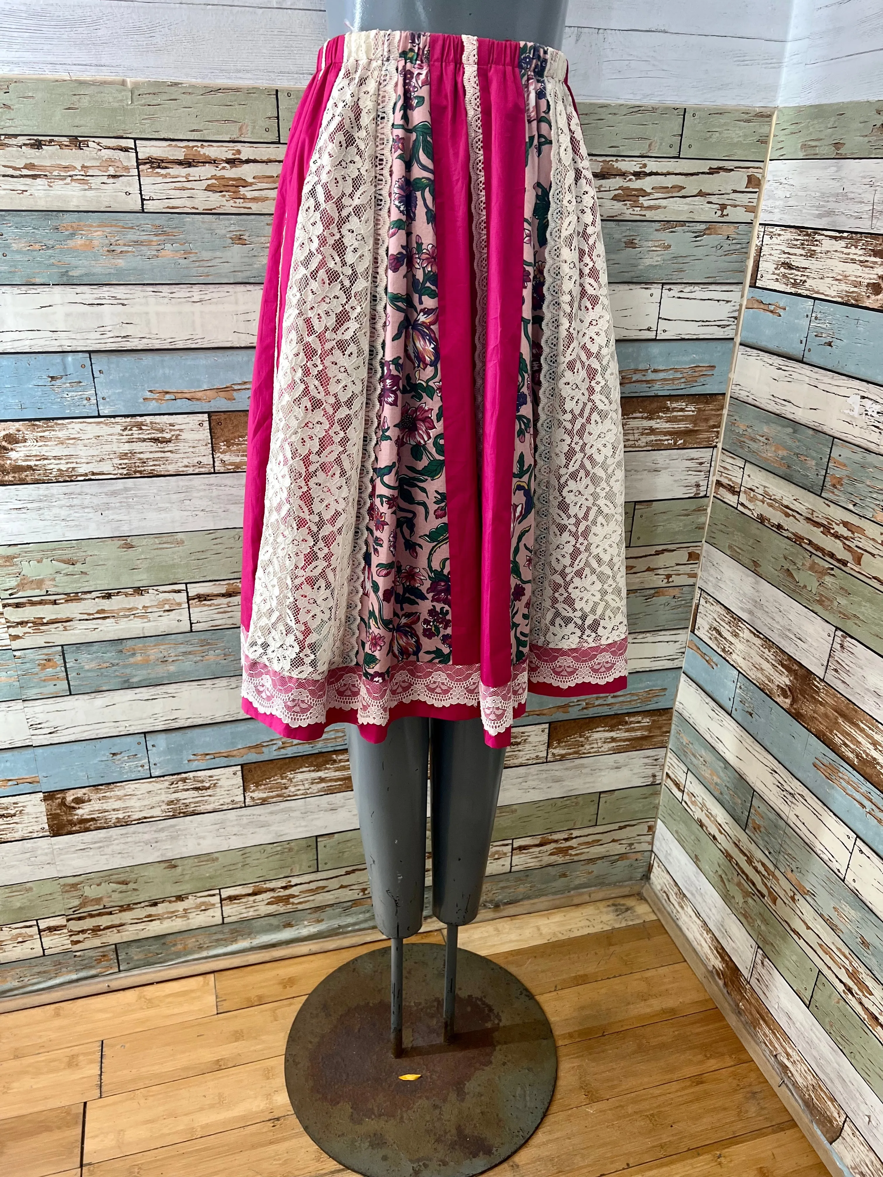 70’s Hot Pink & Multicolor Lace & Flowers Panels Straps Pleasant Skirt
