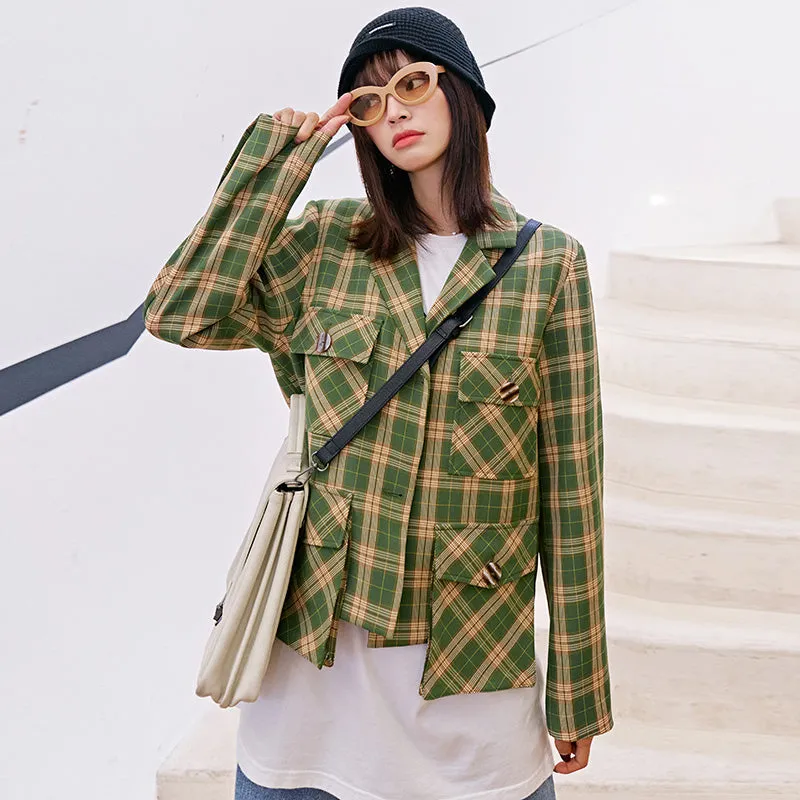 8GIRLS CHECK DOUBLE BREASTED CROP BLAZER IN GREEN