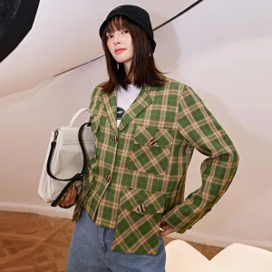 8GIRLS CHECK DOUBLE BREASTED CROP BLAZER IN GREEN
