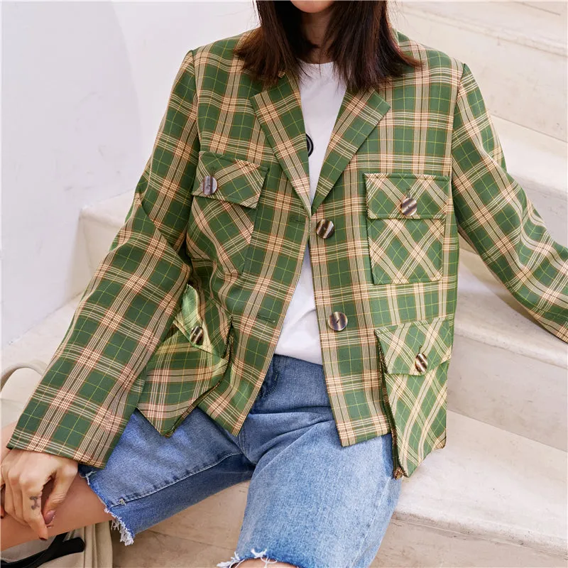 8GIRLS CHECK DOUBLE BREASTED CROP BLAZER IN GREEN