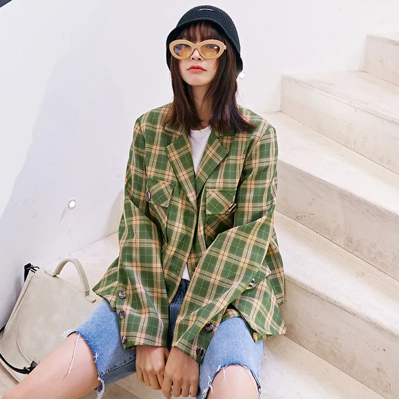 8GIRLS CHECK DOUBLE BREASTED CROP BLAZER IN GREEN