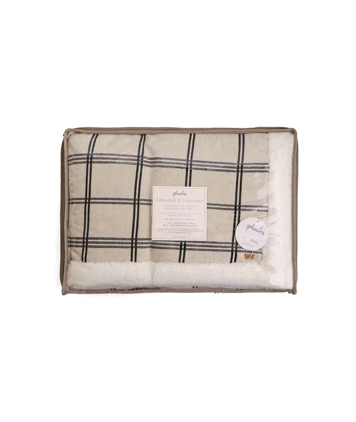 Balmy Natural & Black Cotton Knitted Single Bed Blanket layered with Warm Sherpa Fabric