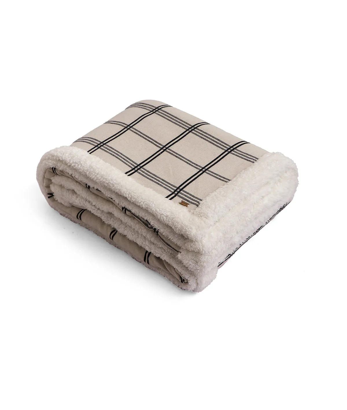 Balmy Natural & Black Cotton Knitted Single Bed Blanket layered with Warm Sherpa Fabric