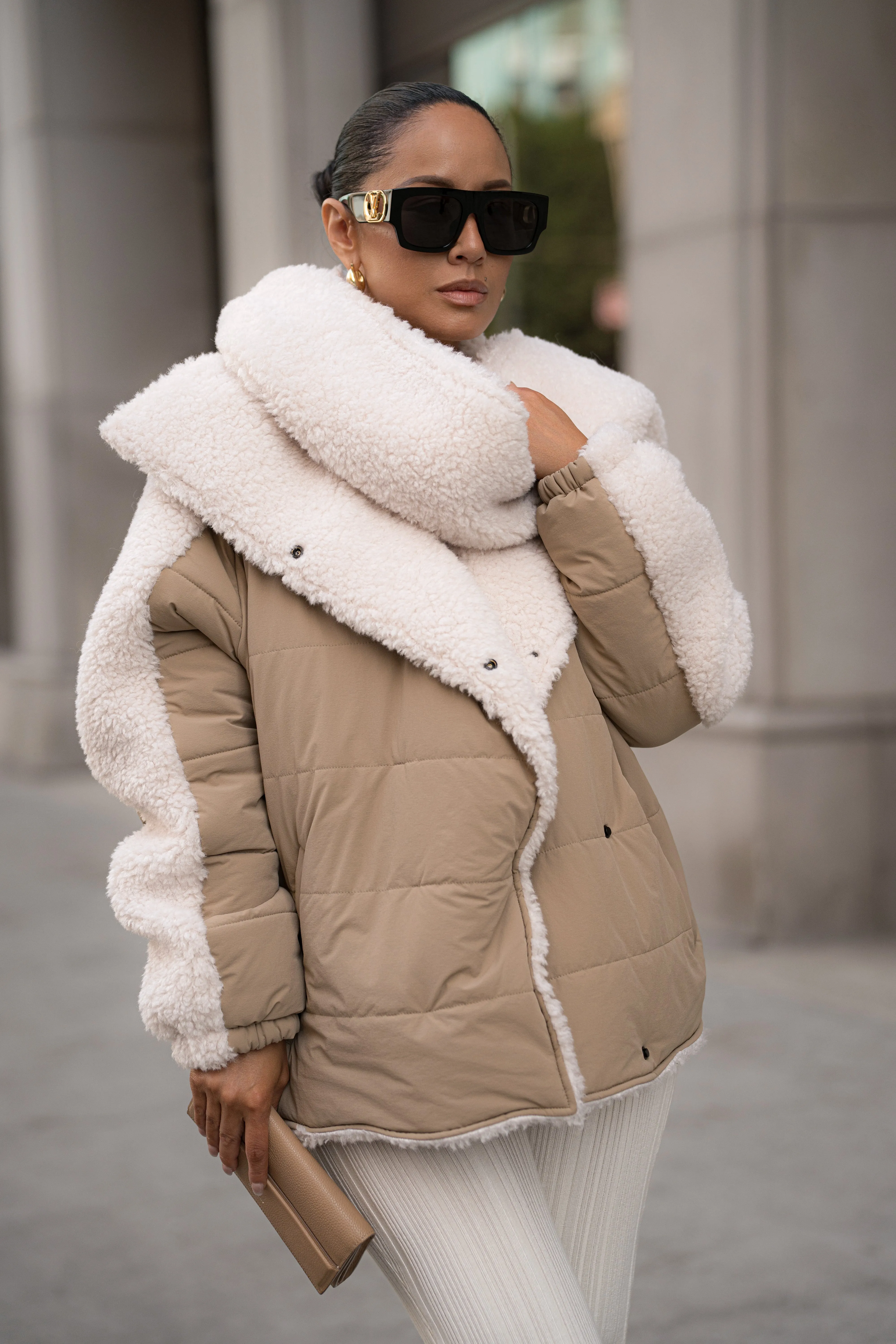 Beige/Ivory Contrast Sherpa Jacket