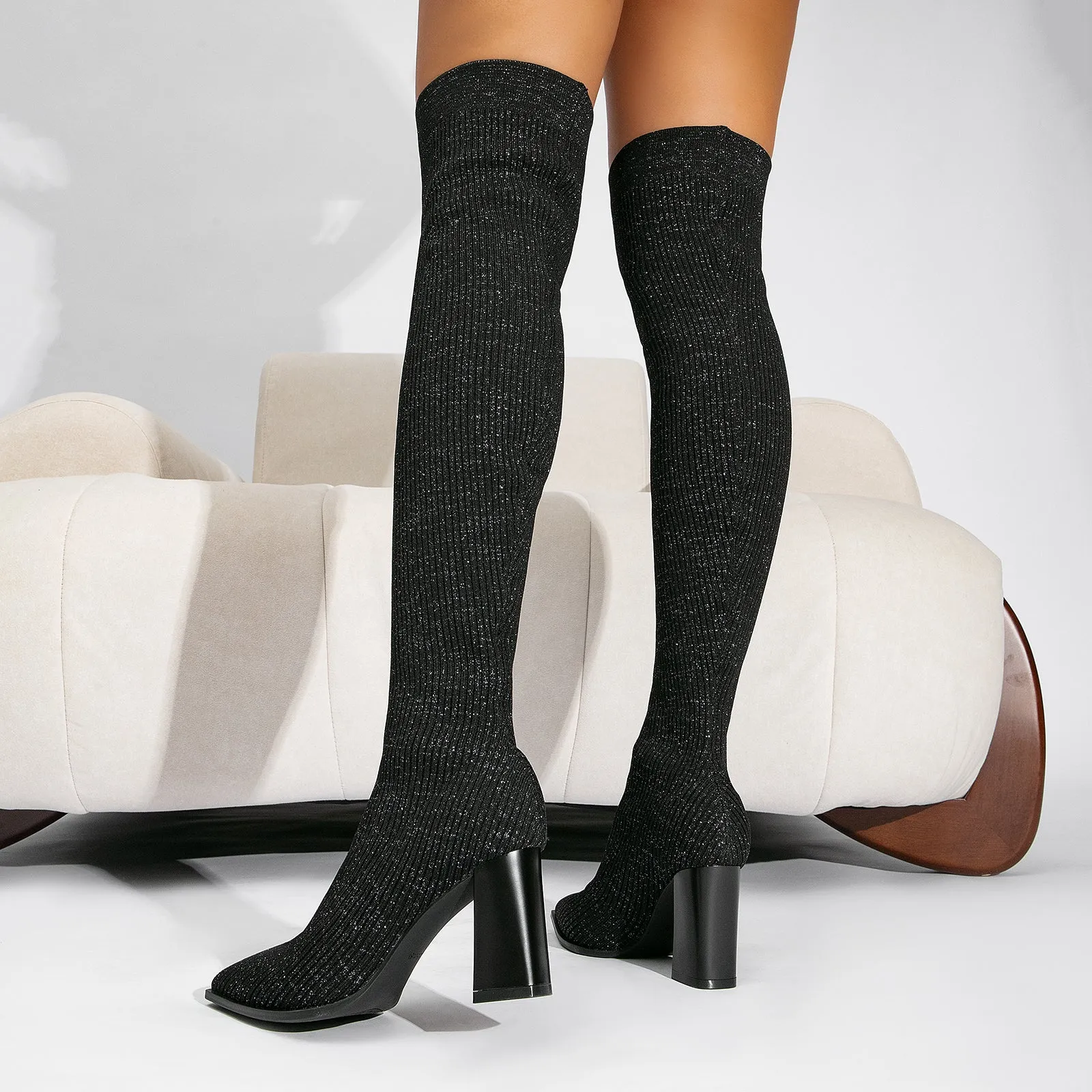 binfenxie- Women Knit Comfort Chunky Heeled High Boots