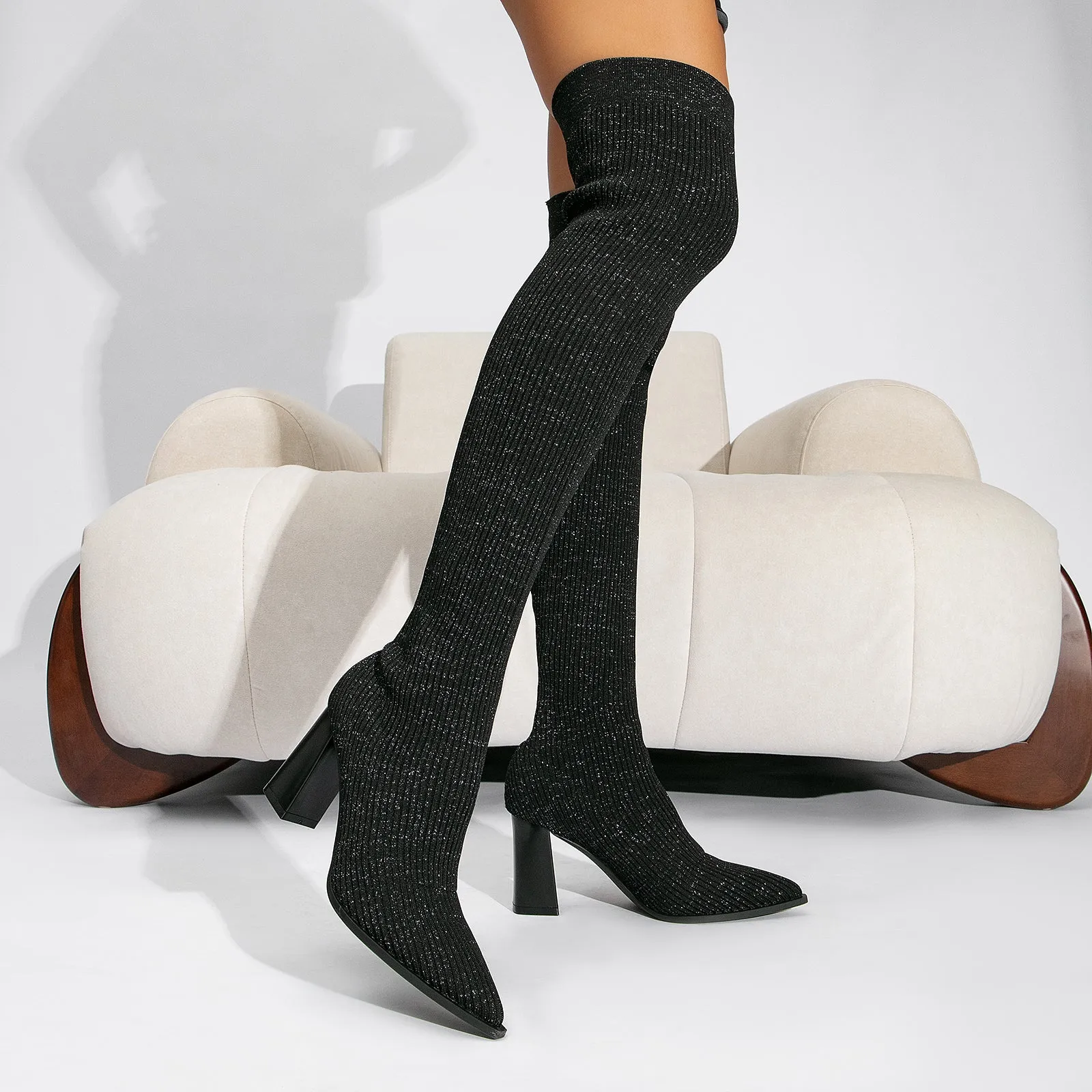 binfenxie- Women Knit Comfort Chunky Heeled High Boots