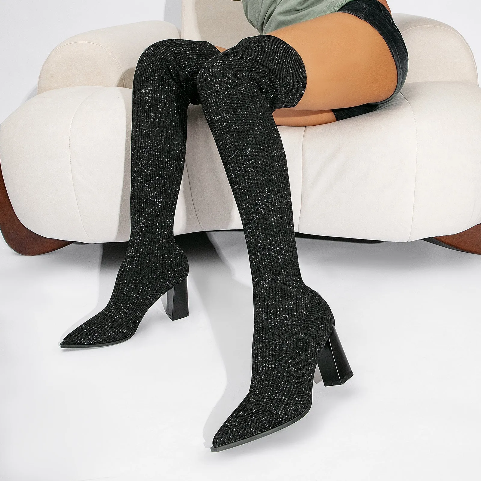 binfenxie- Women Knit Comfort Chunky Heeled High Boots
