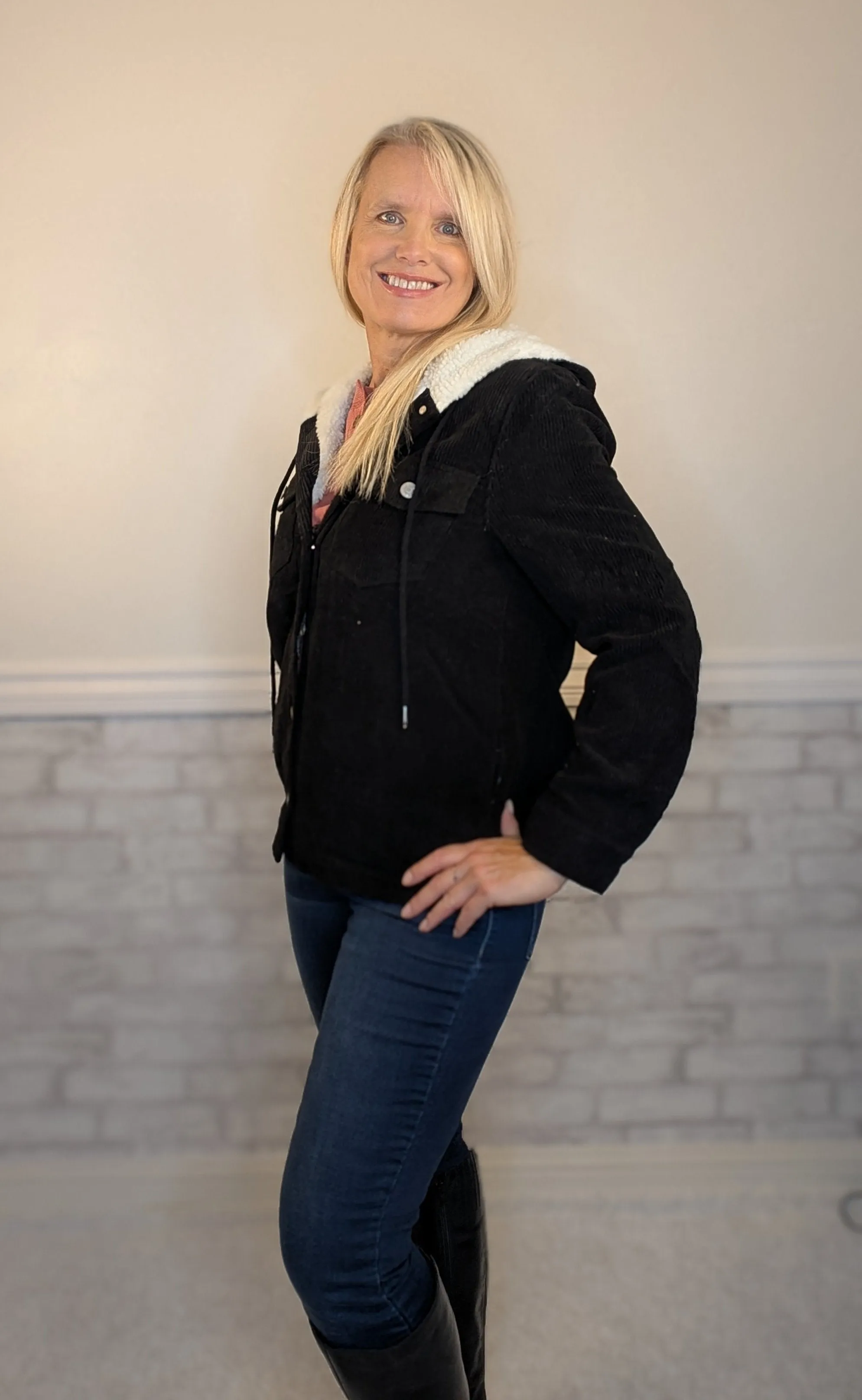 Black Hooded Corduroy Jacket with Sherpa Lining