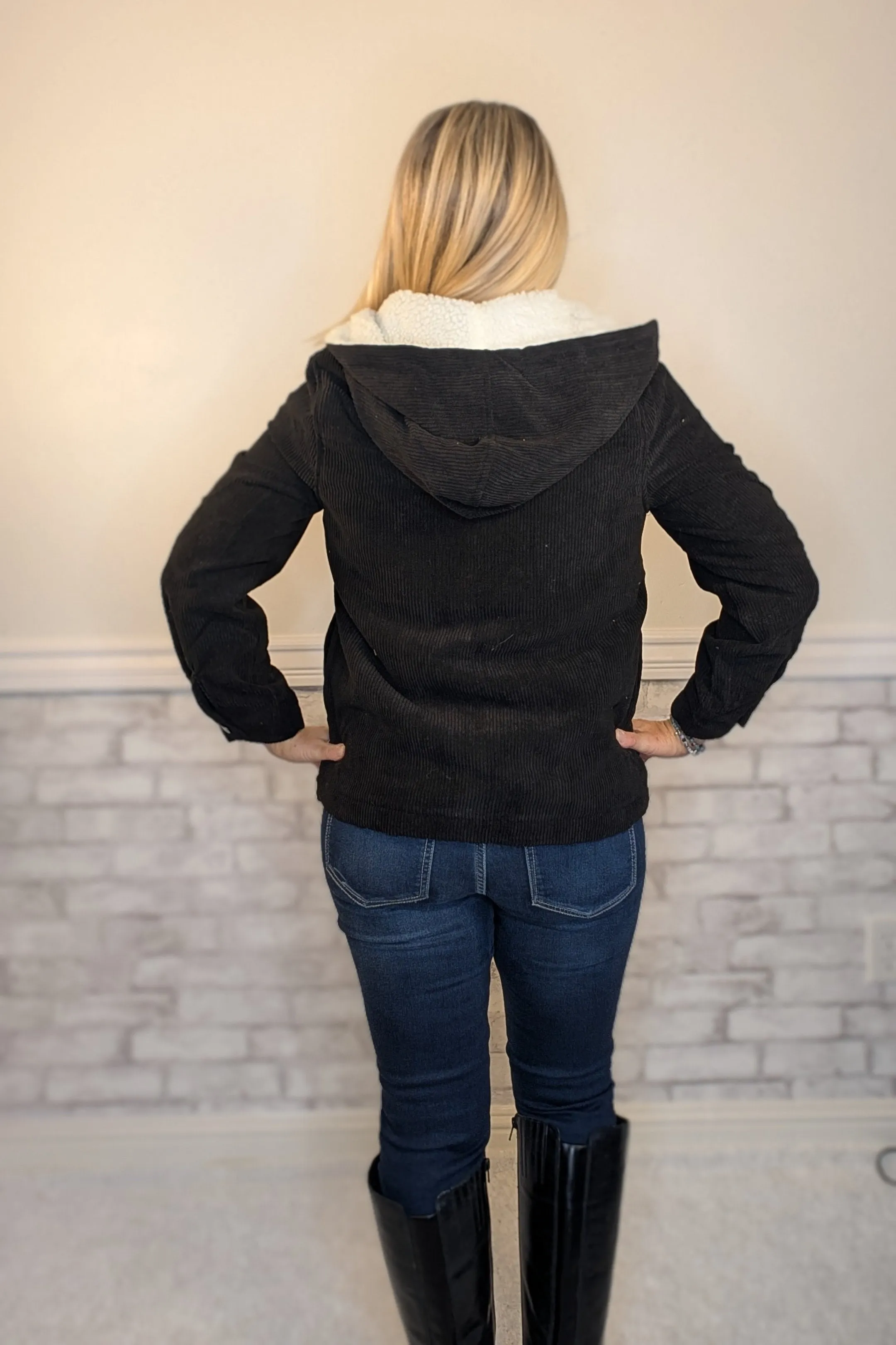 Black Hooded Corduroy Jacket with Sherpa Lining