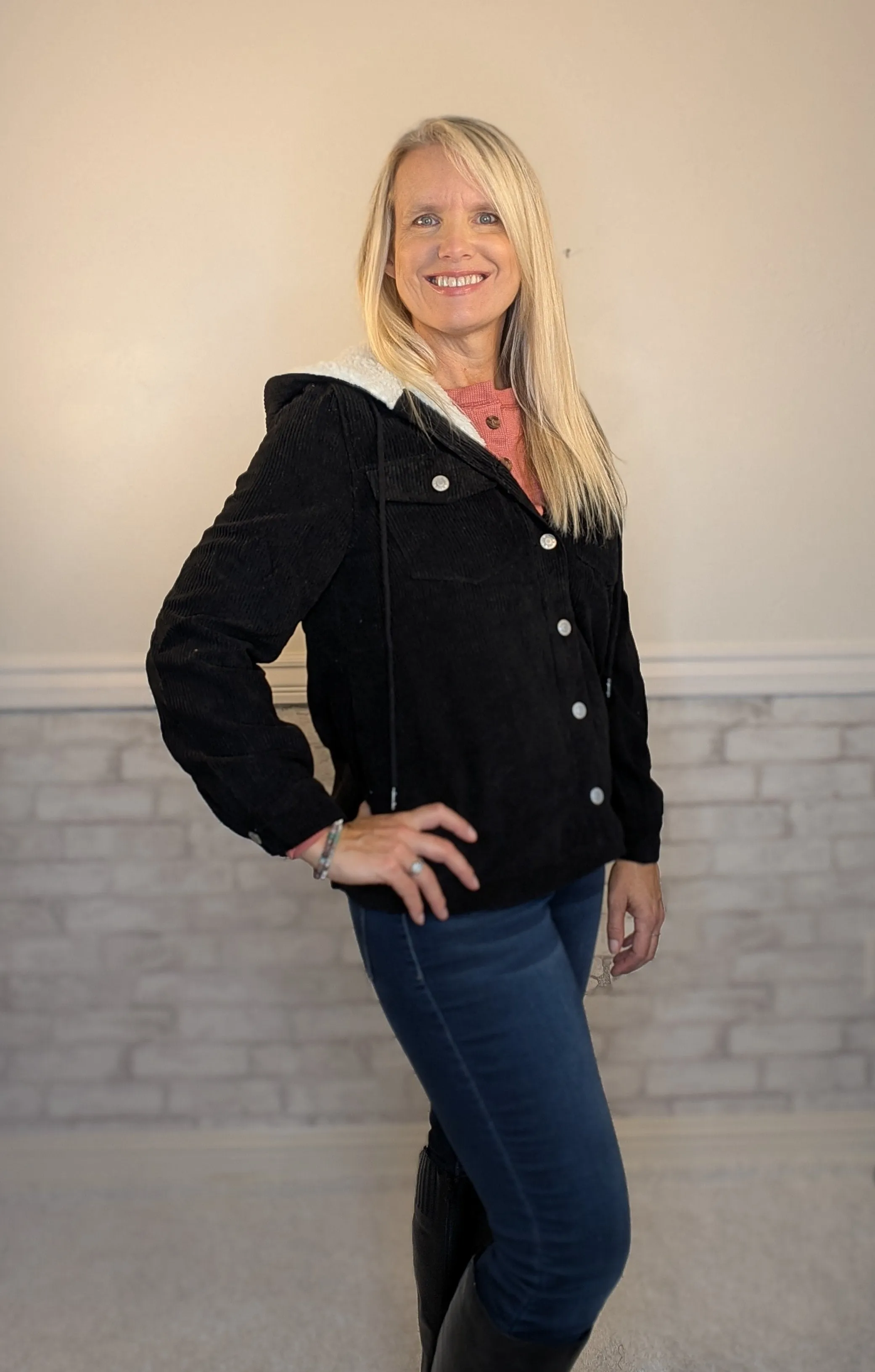 Black Hooded Corduroy Jacket with Sherpa Lining
