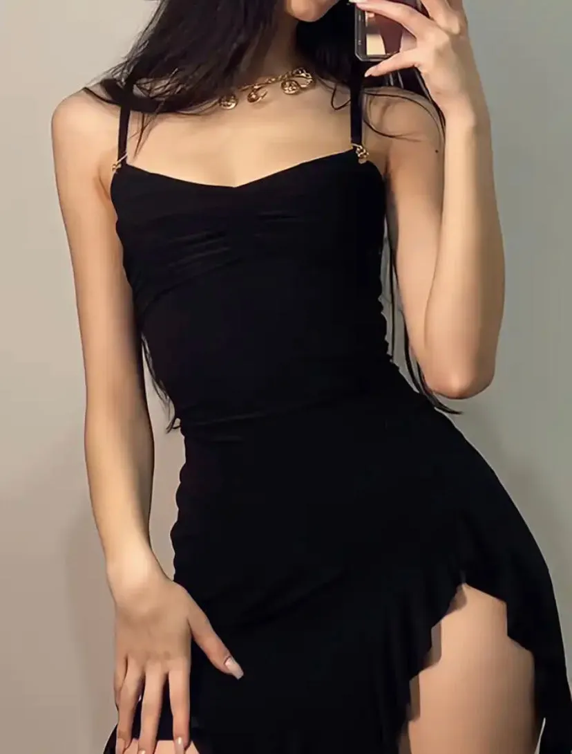 Black Ruched Ruffle Detail Mini Dress