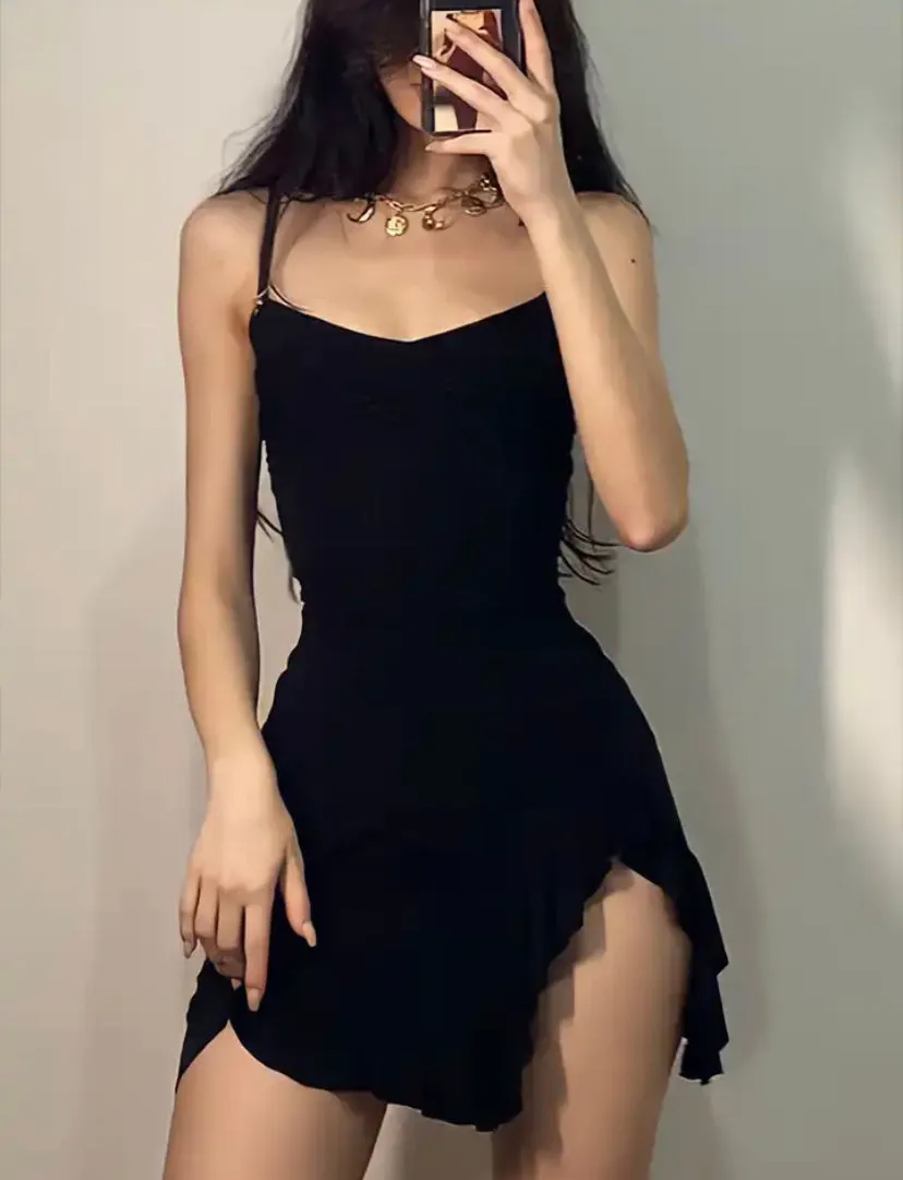 Black Ruched Ruffle Detail Mini Dress