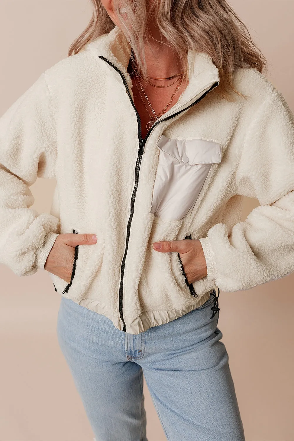 Blue Zone Planet |  Drawstring Zip Up Sherpa Jacket with Removable Hood