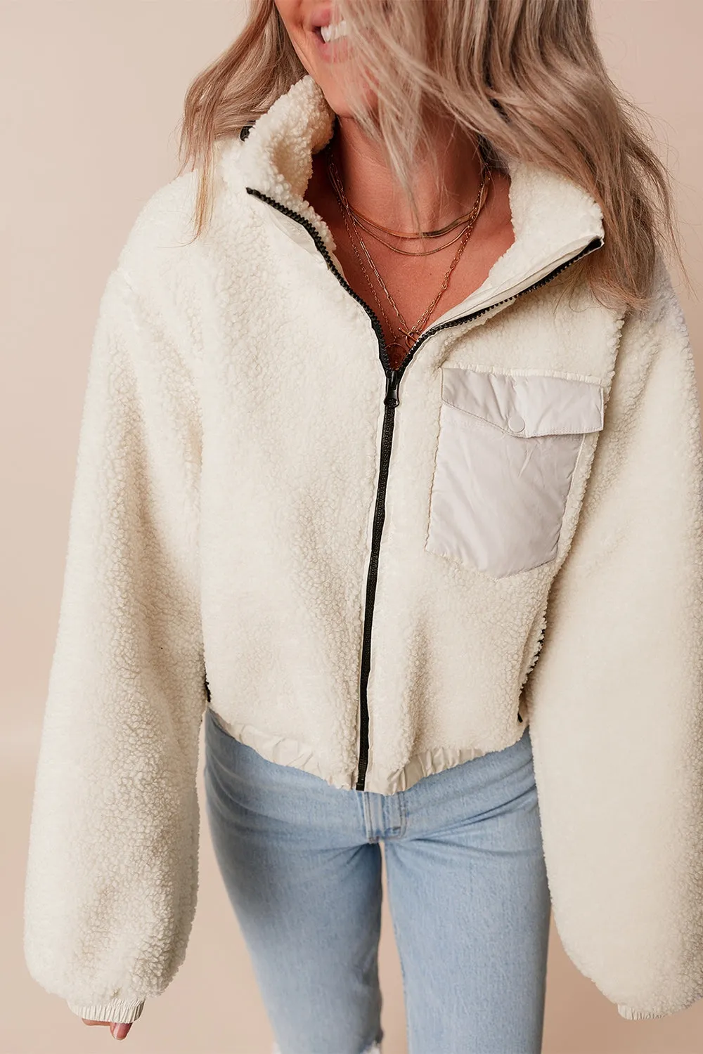 Blue Zone Planet |  Drawstring Zip Up Sherpa Jacket with Removable Hood