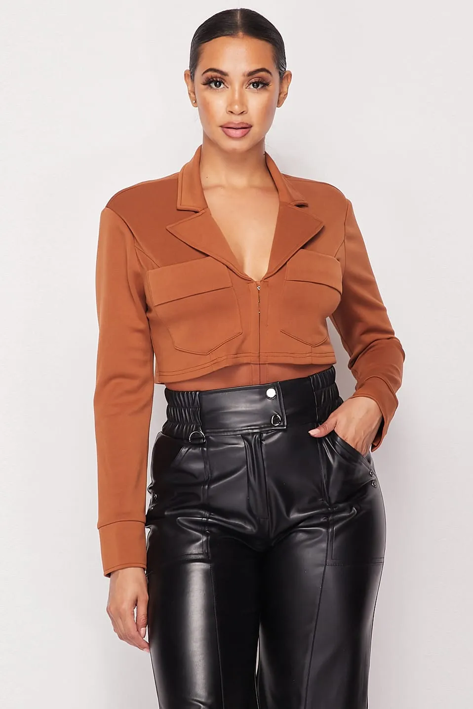 Camel Women's Deep-v Cropped Power Shoulder Blazer Bodysuit