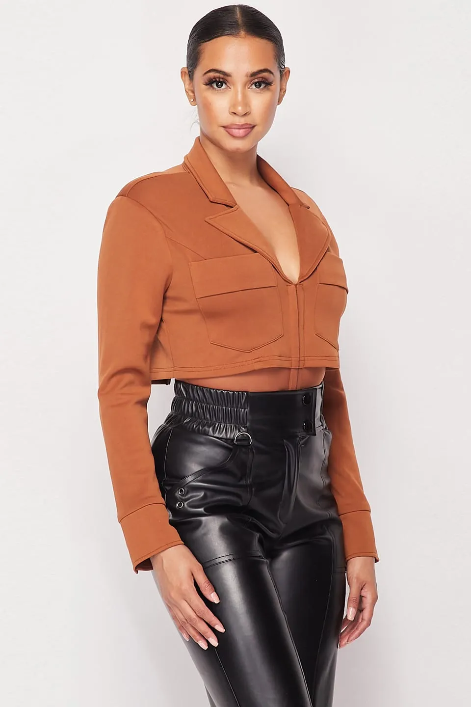 Camel Women's Deep-v Cropped Power Shoulder Blazer Bodysuit