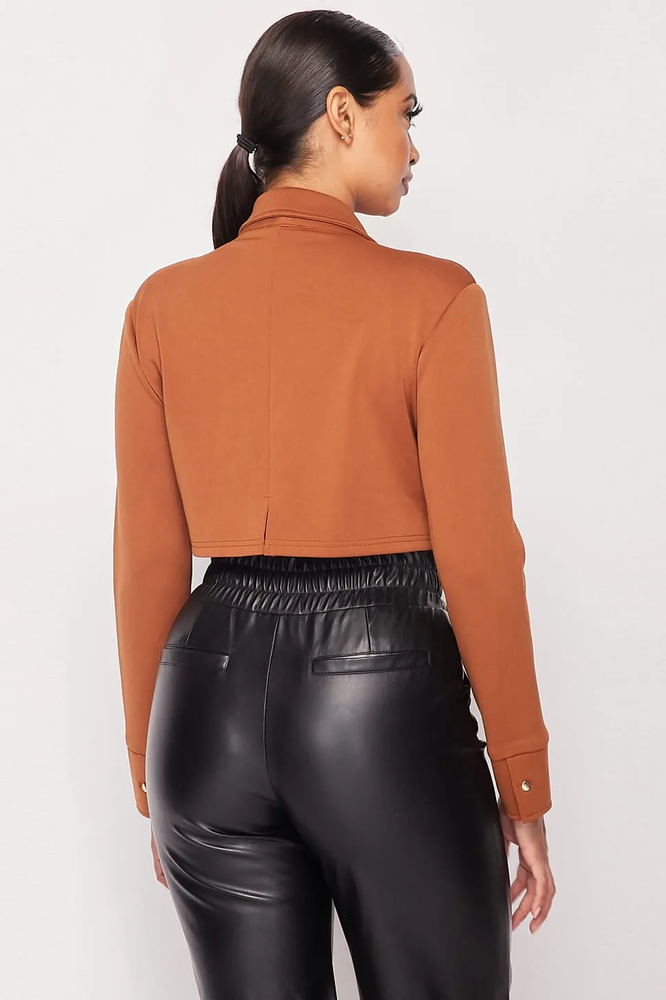 Camel Women's Deep-v Cropped Power Shoulder Blazer Bodysuit