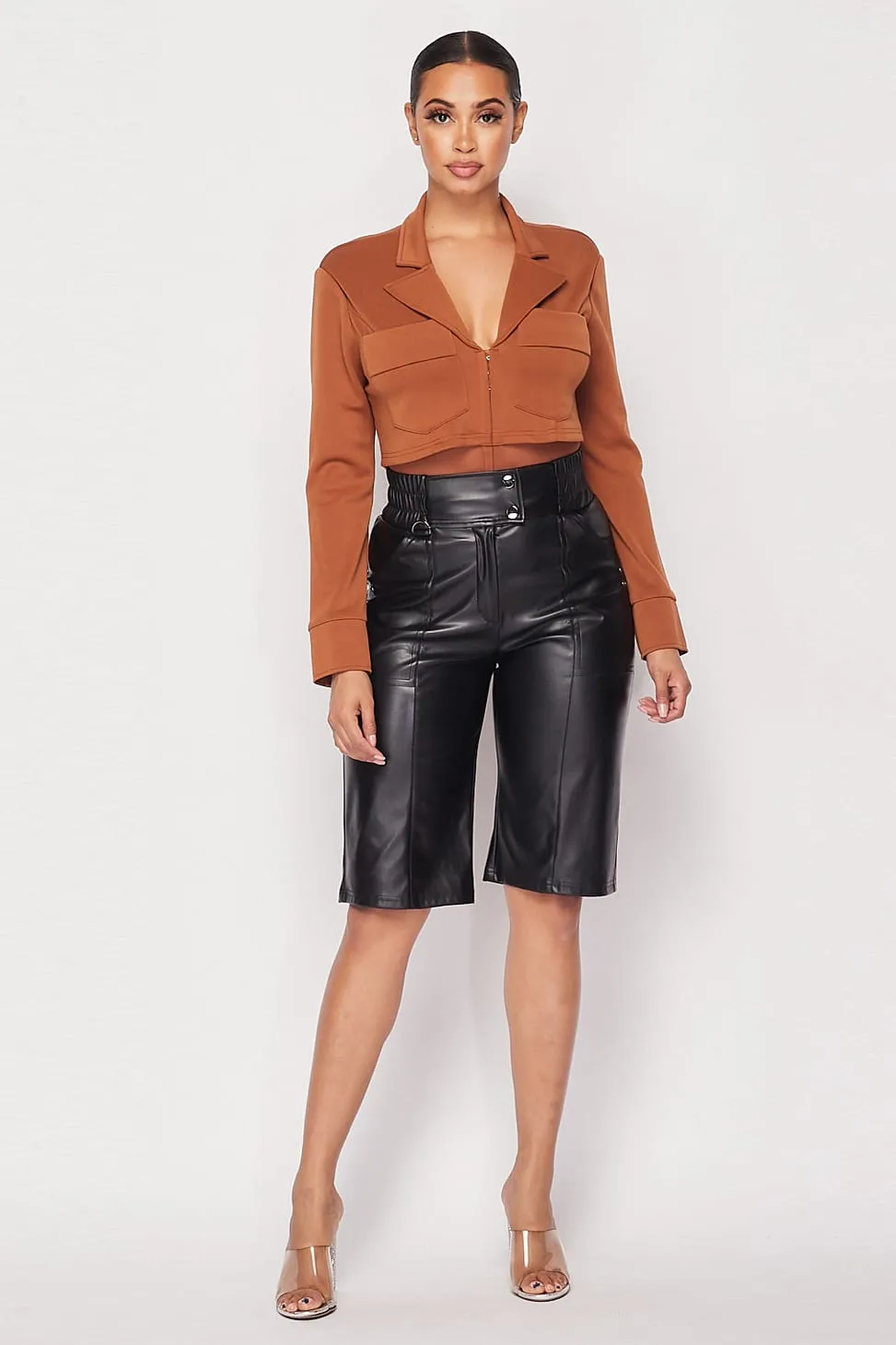 Camel Women's Deep-v Cropped Power Shoulder Blazer Bodysuit