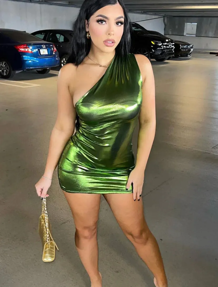 Coloured Metallic One Shoulder Mini Dress