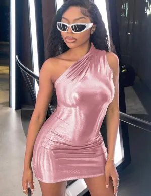 Coloured Metallic One Shoulder Mini Dress