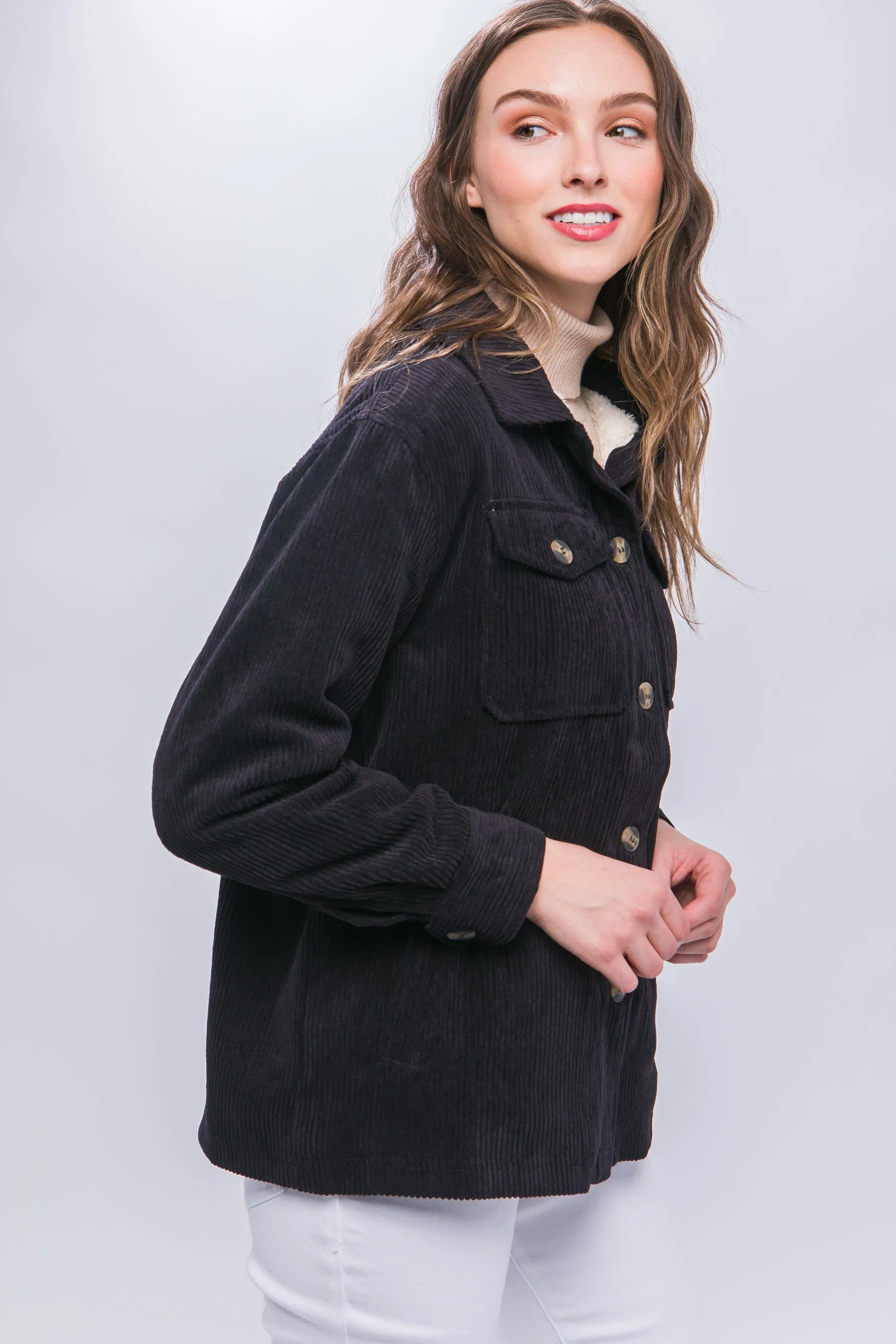 Corduroy Sherpa Lined Jacket in Black