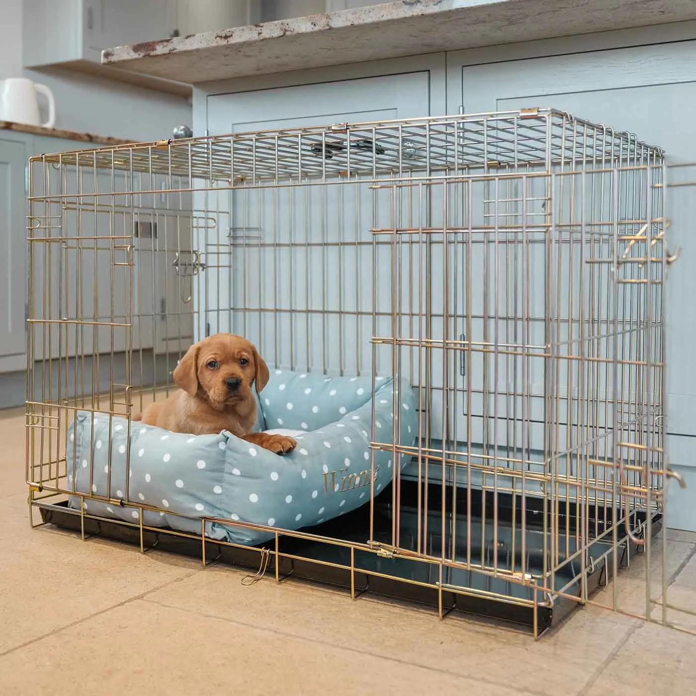 Cosy & Calming Puppy Crate Bed in Duck Egg Spot by Lords & Labradors