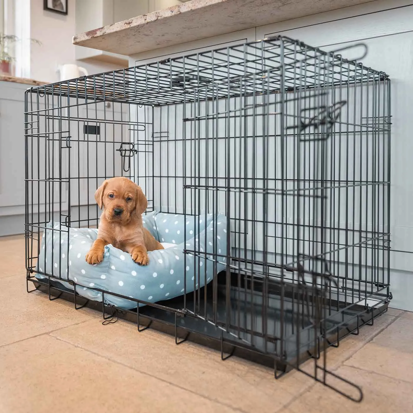 Cosy & Calming Puppy Crate Bed in Duck Egg Spot by Lords & Labradors