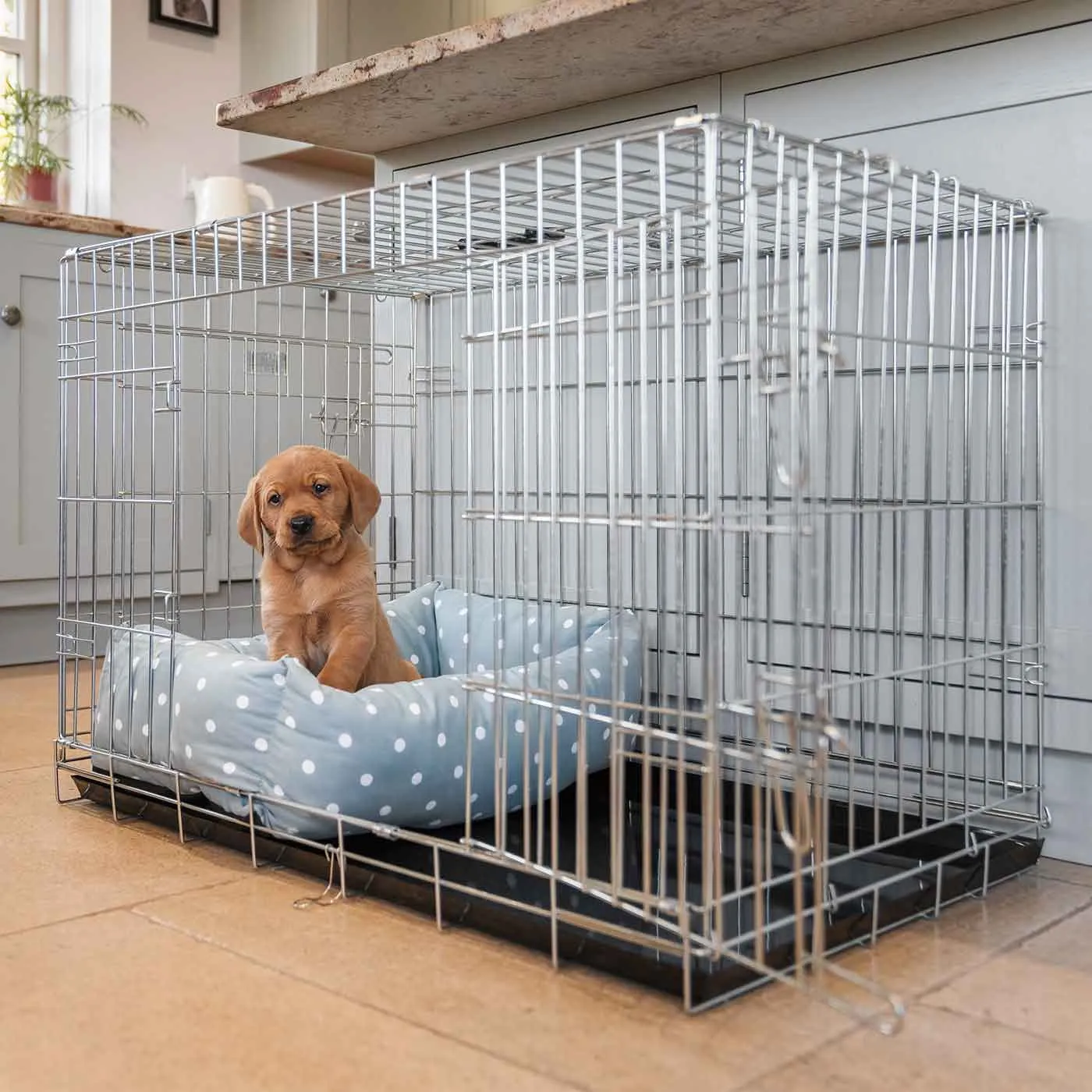 Cosy & Calming Puppy Crate Bed in Duck Egg Spot by Lords & Labradors