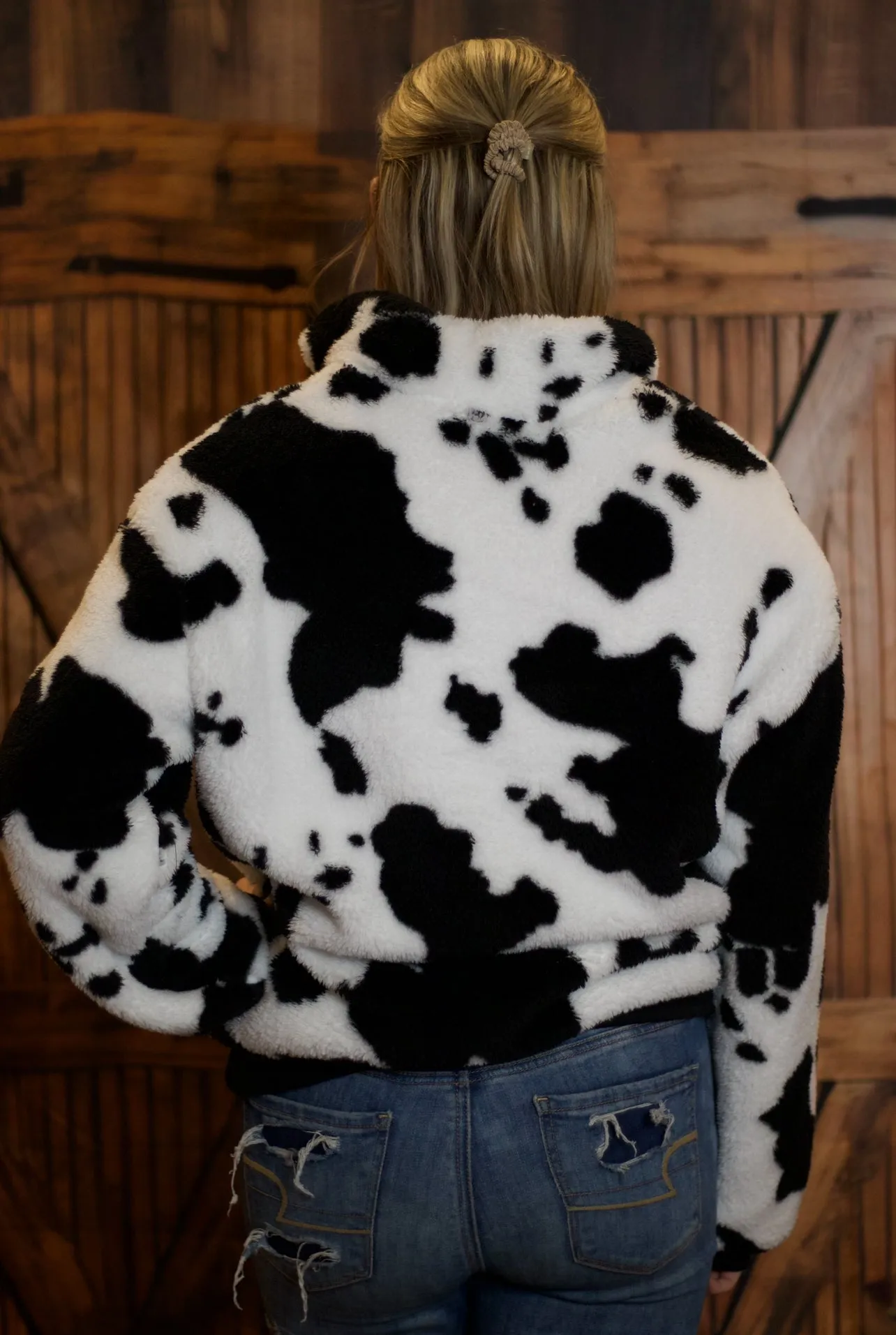 Cow Print Quarter Zip Fuzzy Sweatshirt