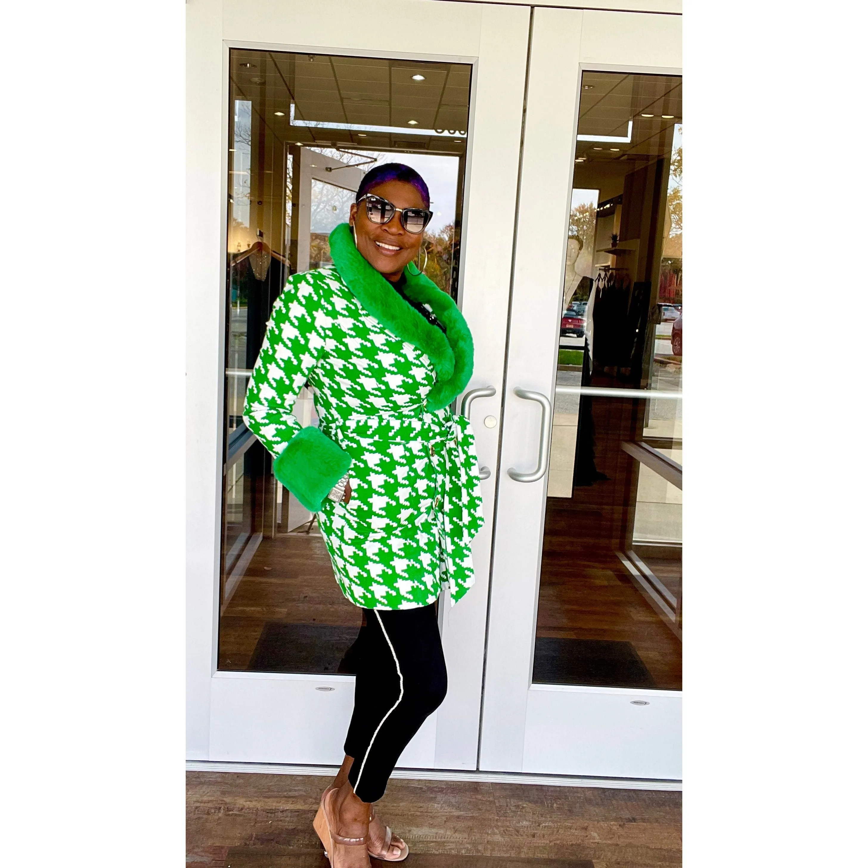 Fur Collar Houndstooth Jacket - Green