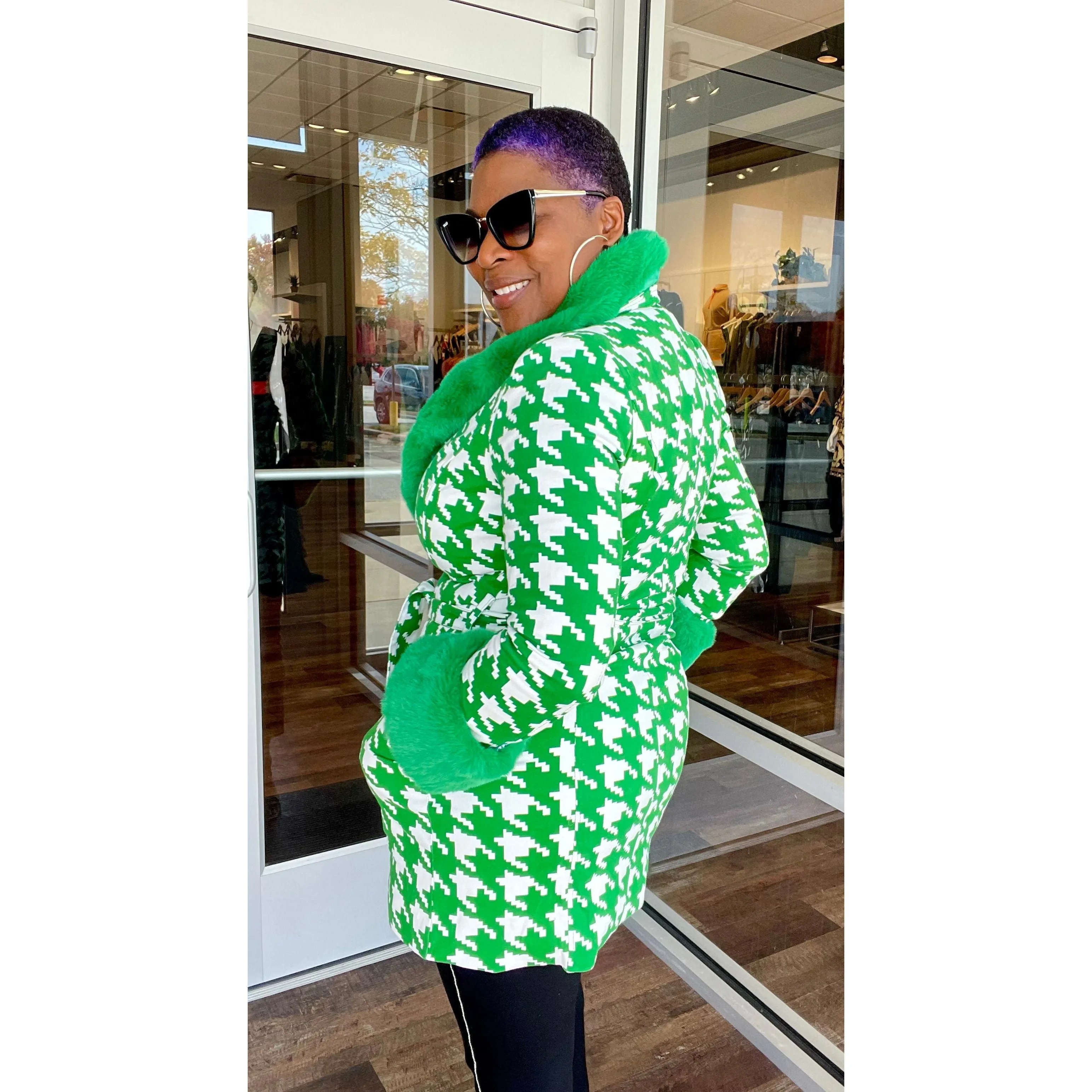 Fur Collar Houndstooth Jacket - Green
