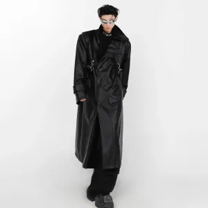 High Street Men Windbreaker PU Leather Shoulder Pad Coat Metal Zipper Double Splicing Design Knee Length Male Trench 9A6069
