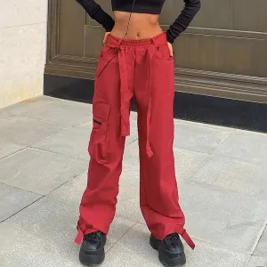 Hip Hop Wide Belted Red Cargo Pants