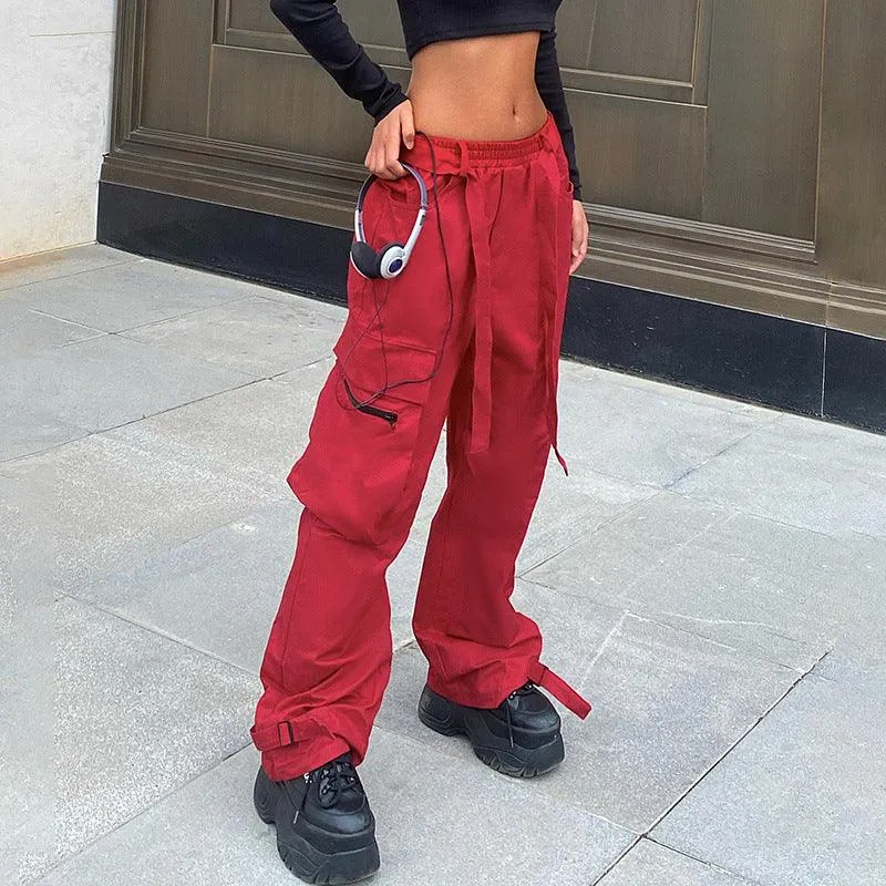 Hip Hop Wide Belted Red Cargo Pants