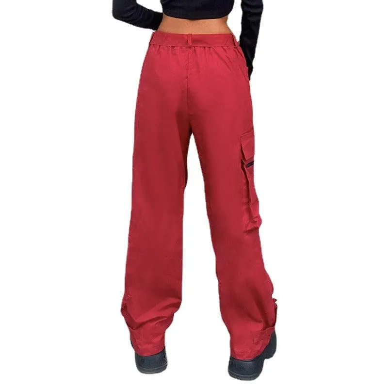 Hip Hop Wide Belted Red Cargo Pants