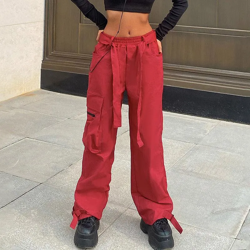 Hip Hop Wide Belted Red Cargo Pants