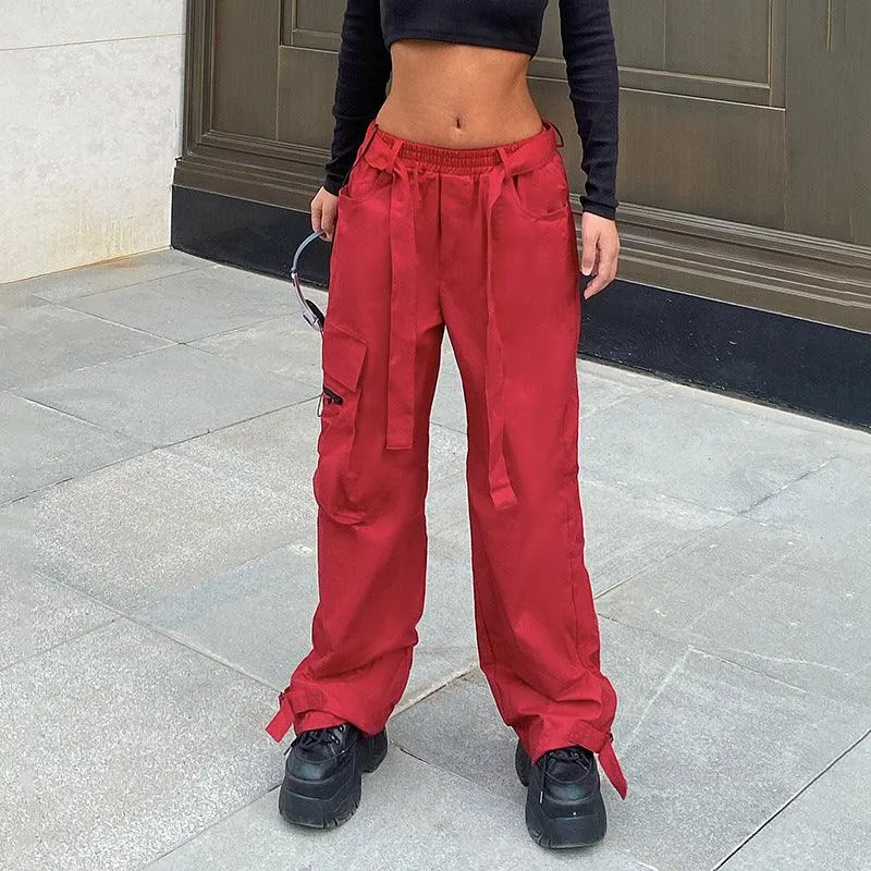 Hip Hop Wide Belted Red Cargo Pants