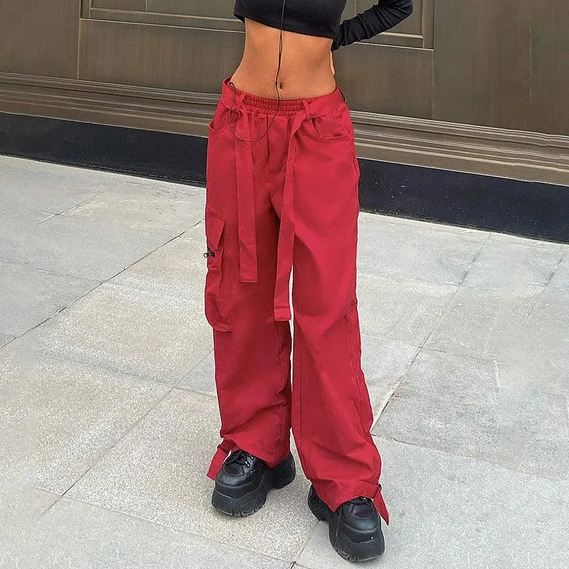 Hip Hop Wide Belted Red Cargo Pants