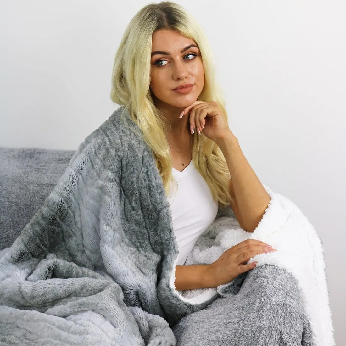 Hodge & Hodge Grey Faux Fur Blanket Throw Sherpa Fleece