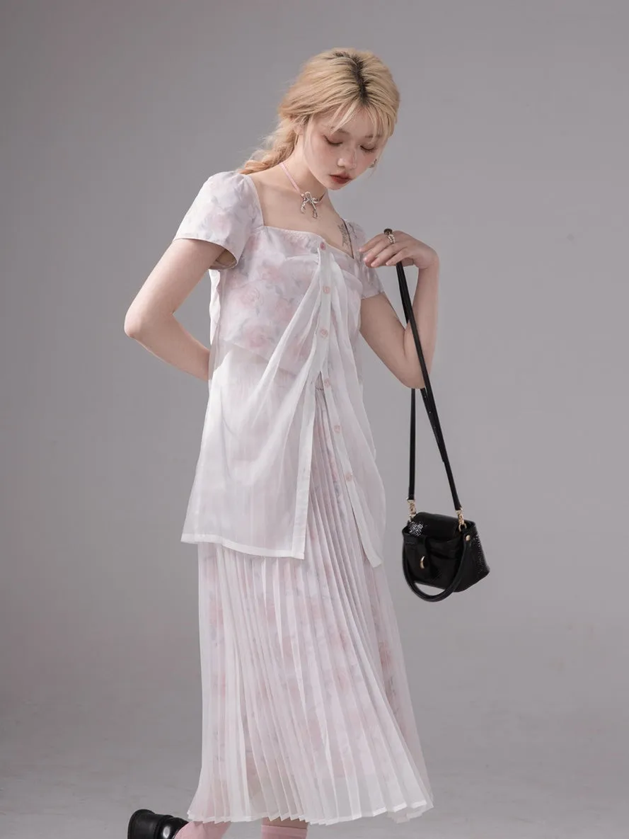 Layered Sheer Flower Top＆ Pleated Skirt