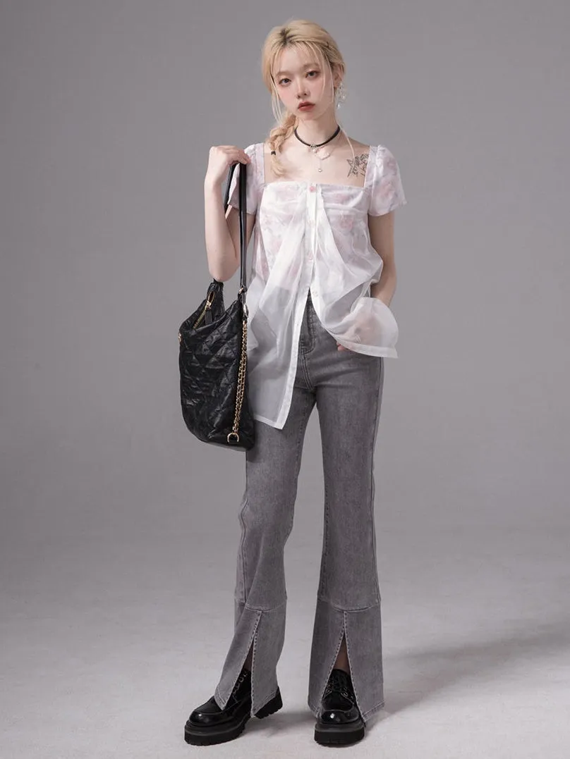 Layered Sheer Flower Top＆ Pleated Skirt