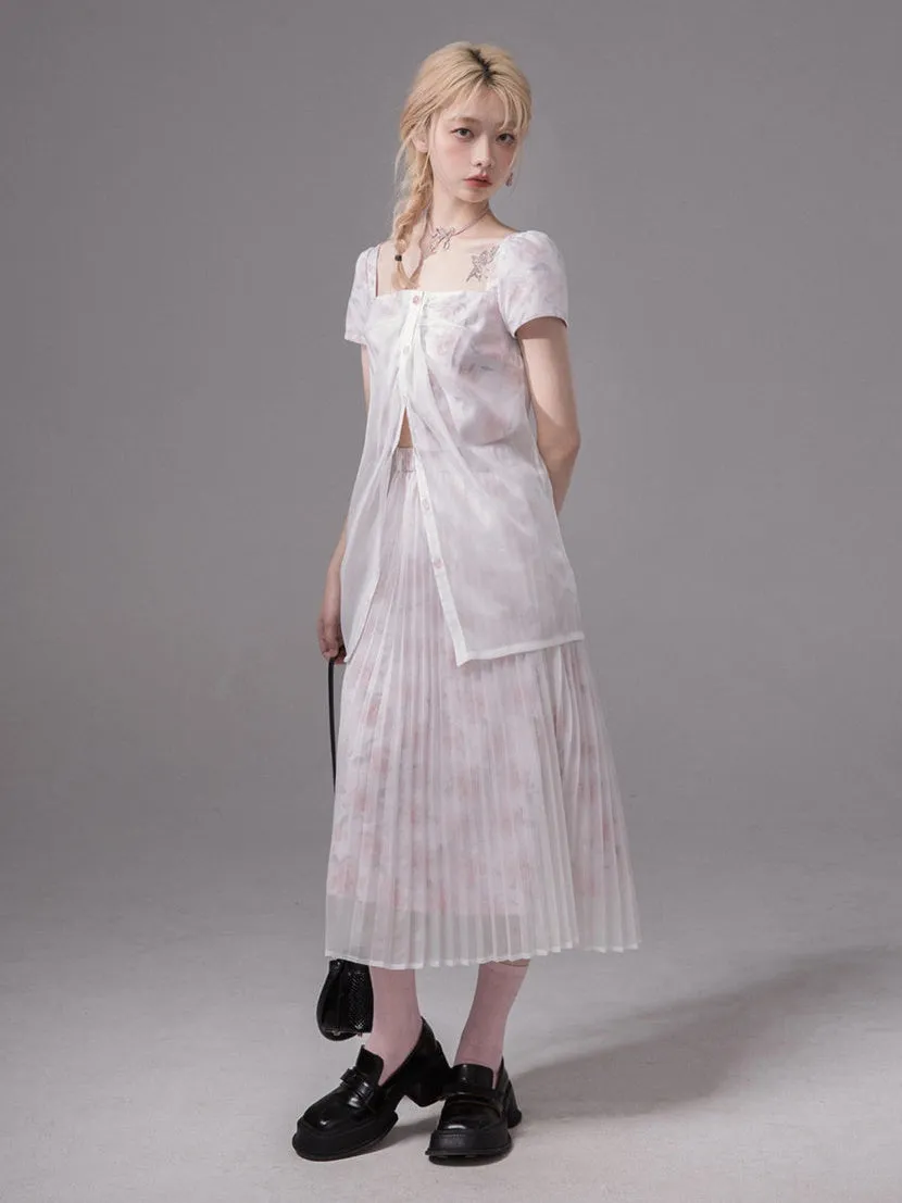Layered Sheer Flower Top＆ Pleated Skirt
