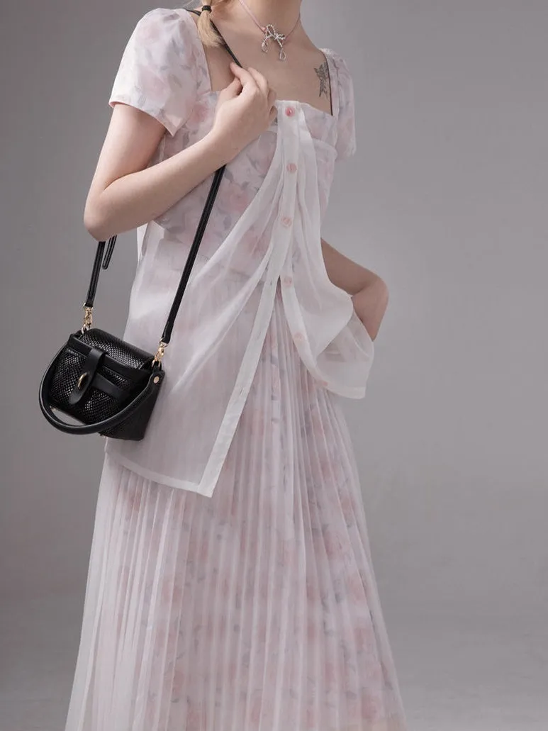 Layered Sheer Flower Top＆ Pleated Skirt