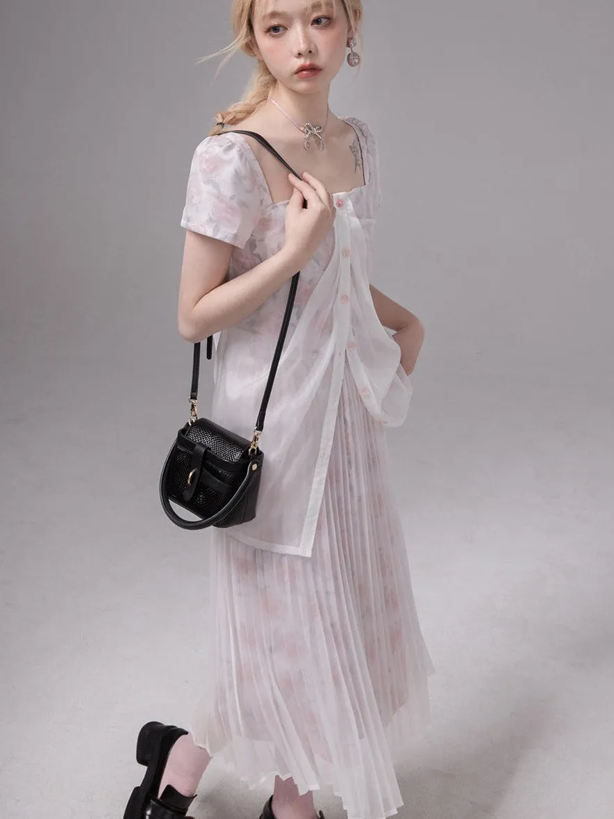 Layered Sheer Flower Top＆ Pleated Skirt