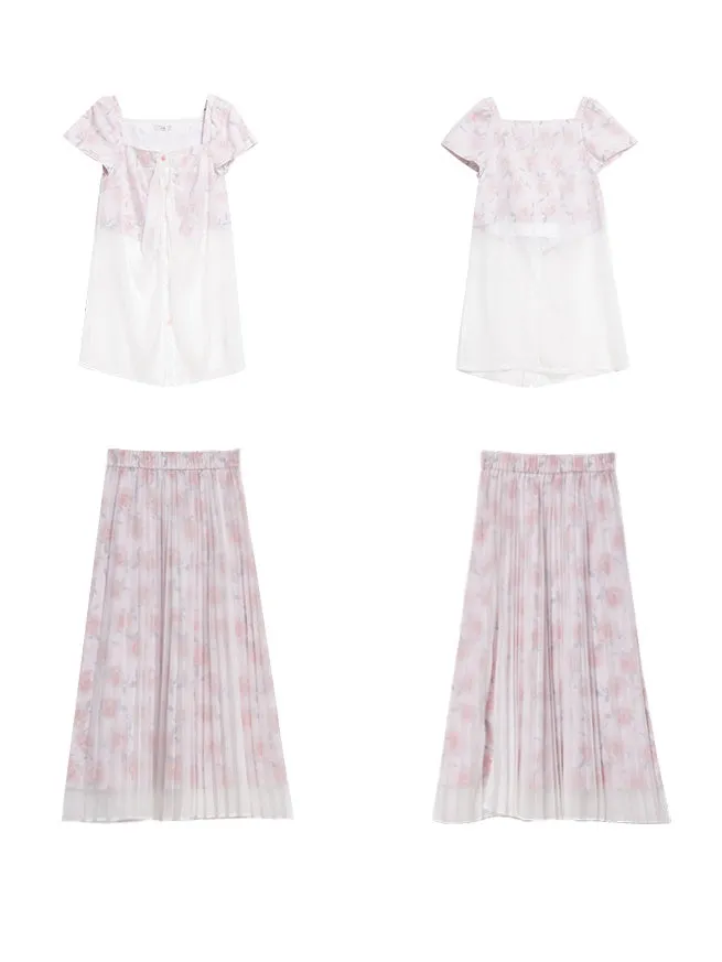 Layered Sheer Flower Top＆ Pleated Skirt